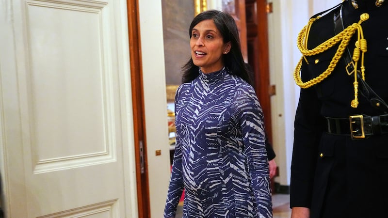 FILE - Second lady Usha Vance arrives at a women's history month event in the East Room at the...