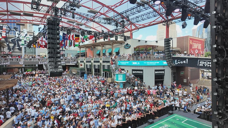 Fans pack the Power & Light District in Kansas City on Saturday, July 11, 2026, ahead of the...